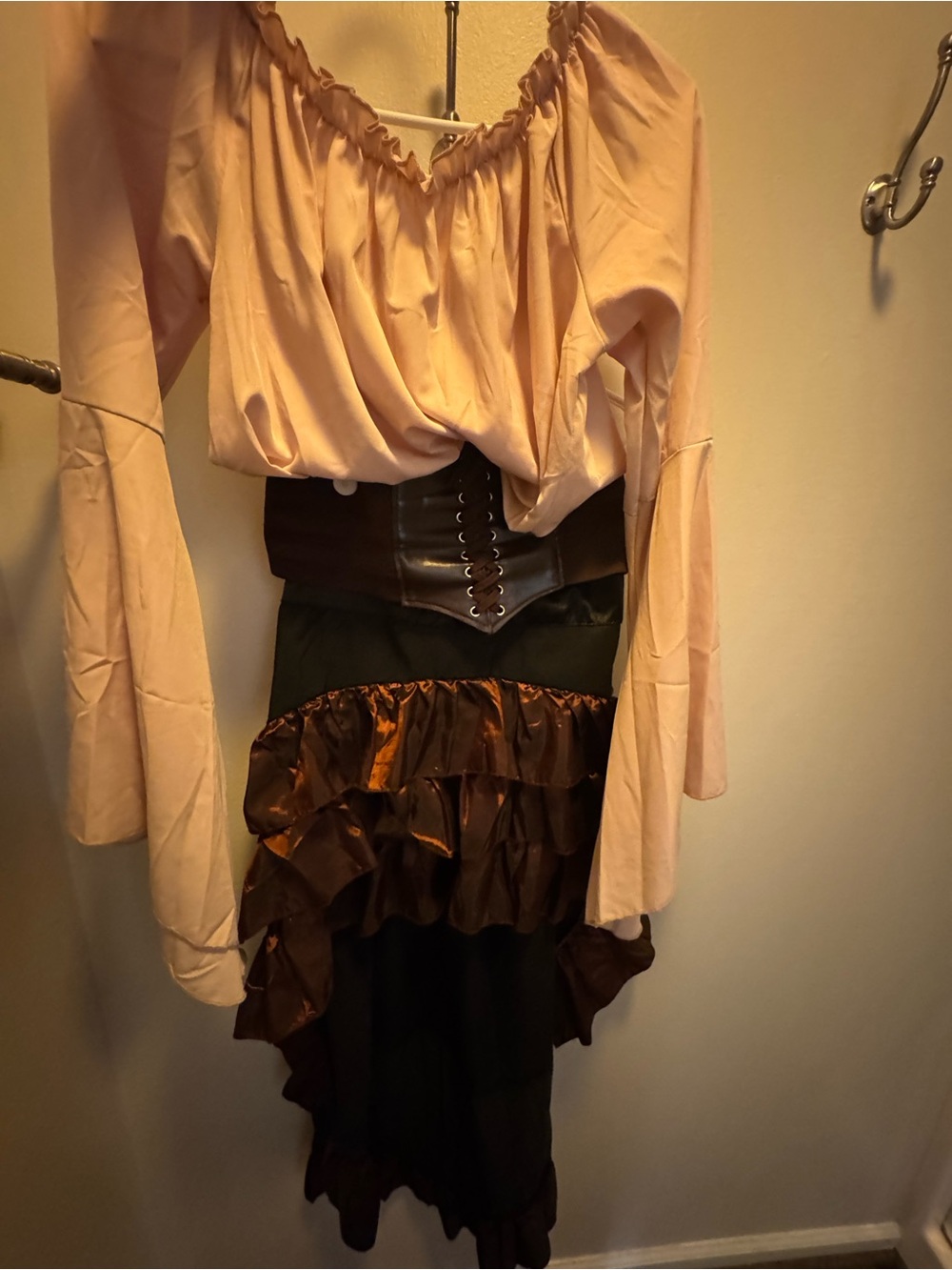 Womens High-Low Ruffle Skirt with Corset Waist and cream colored top costume
